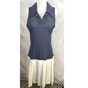 Vtg 60s MOD Drop Waist Mini Dress M Pleated Skirt Twiggy Wing Collar Polkadot